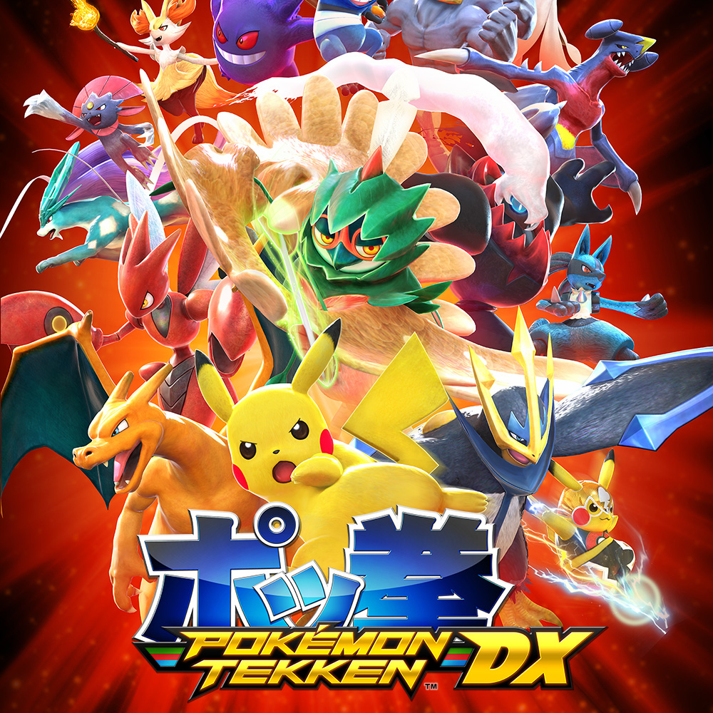 Obraz promocyjny dla Pokemon Tekken DX. Zawiera różne postacie Pokemon, w tym Pikachu, Charizarda i inne, na czerwonym tle.
