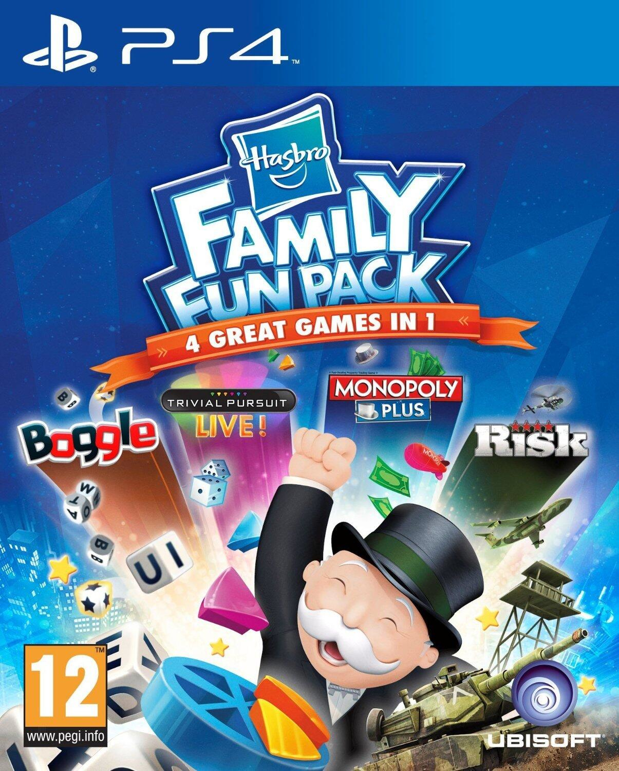 Okładka gry z tytułem Family Fun Pack od Hasbro. Zawiera Monopoly, Risk, Boggle i Trivial Pursuit. Obraz przedstawia postacie z gier.
