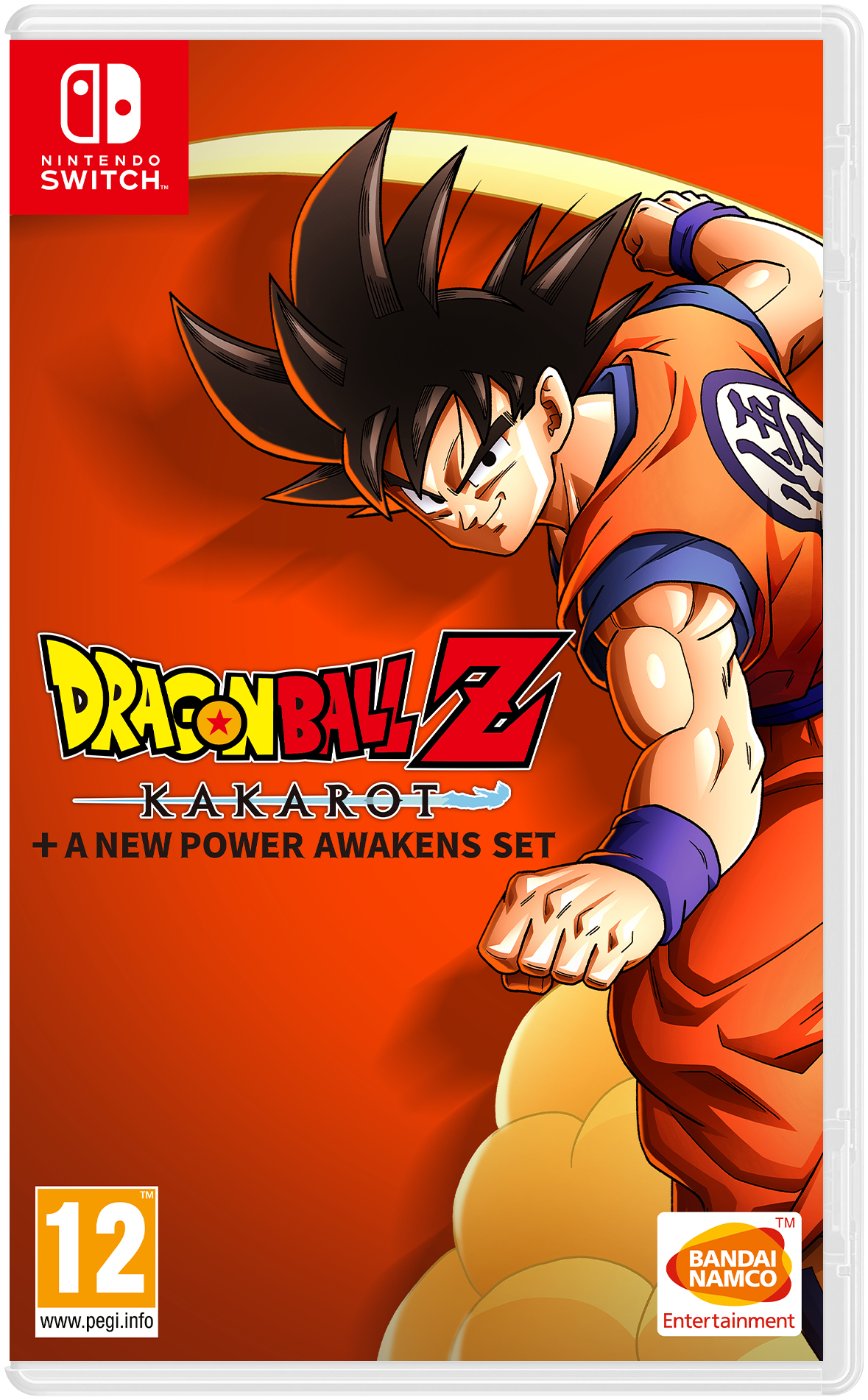Copertina del gioco Dragon Ball Z Kakarot. Goku in gi arancione, pugno alzato. Testo del titolo giallo e rosso. Logo Nintendo Switch in alto a sinistra.