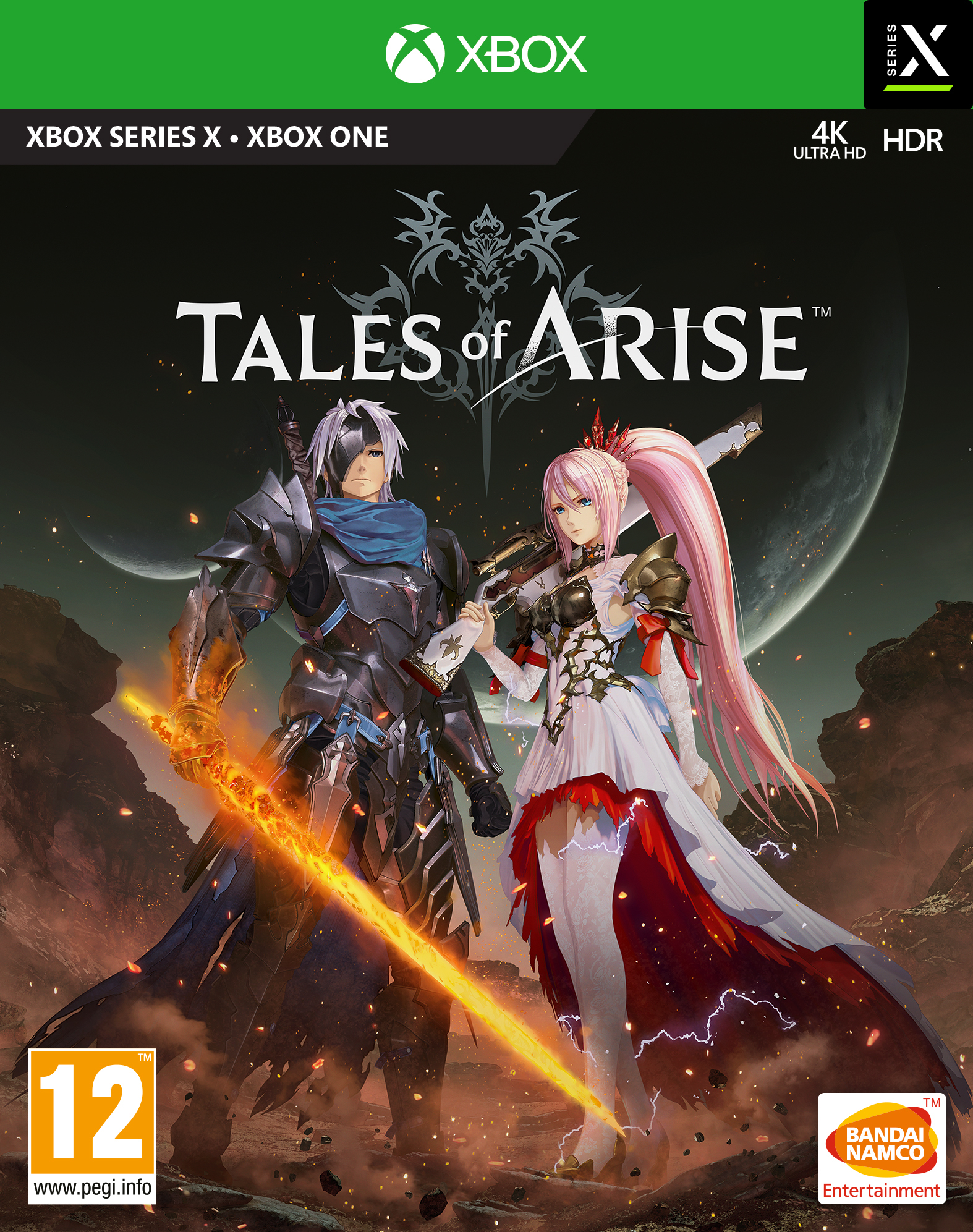 Copertina del gioco Tales of Arise. Presenta due personaggi, uno con una spada, su sfondo cosmico. Logo Xbox presente.