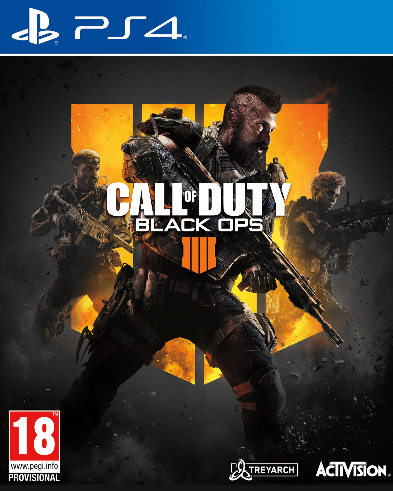 Okładka Call of Duty Black Ops 4. Żołnierze z bronią, pomarańczowe tło ognia, logo PS4, kategoria wiekowa 18.