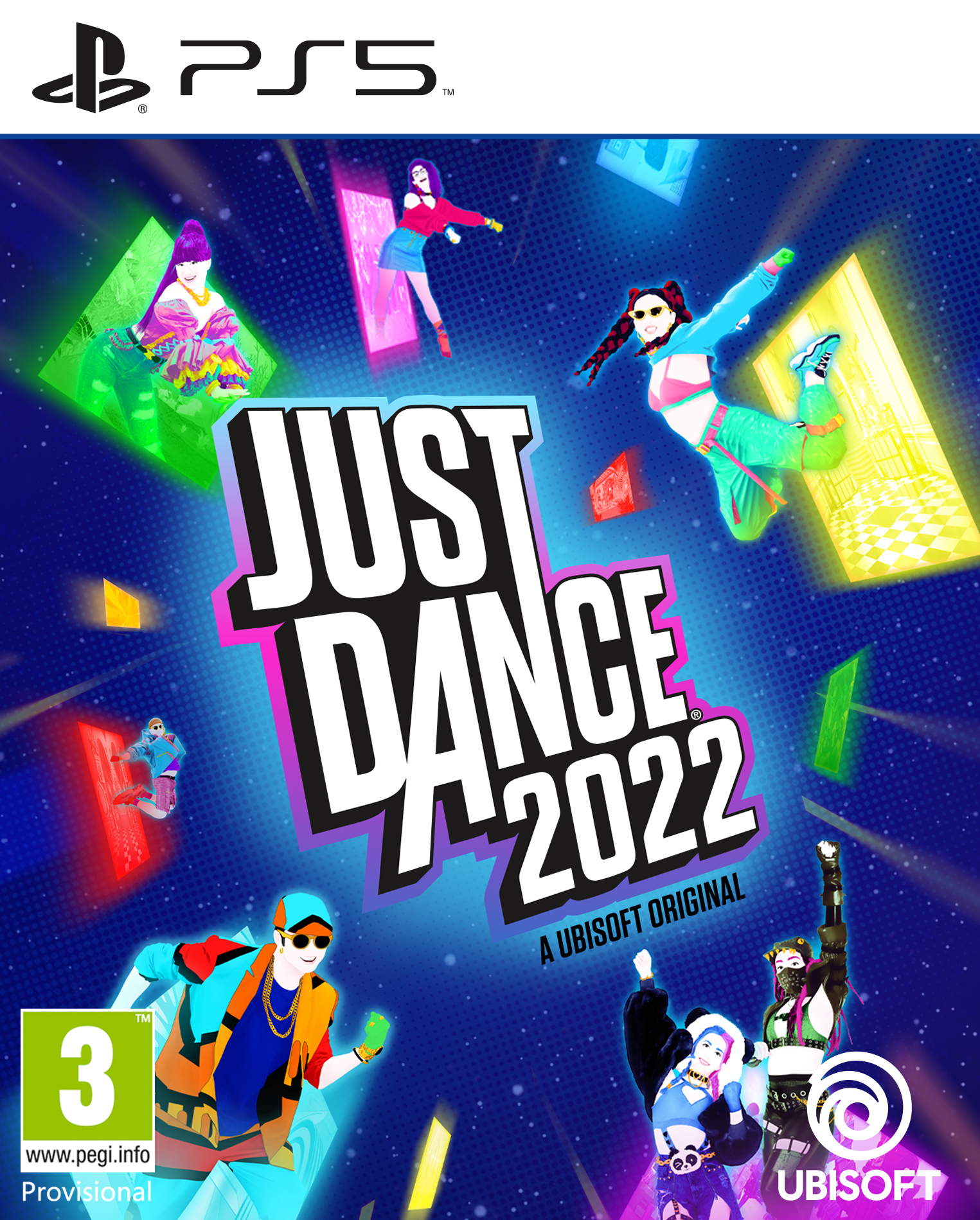 Okładka gry Just Dance 2022. Przedstawia tancerzy, żywe kolory i logo PS5. Widoczne jest również logo Ubisoft i klasyfikacja PEGI.