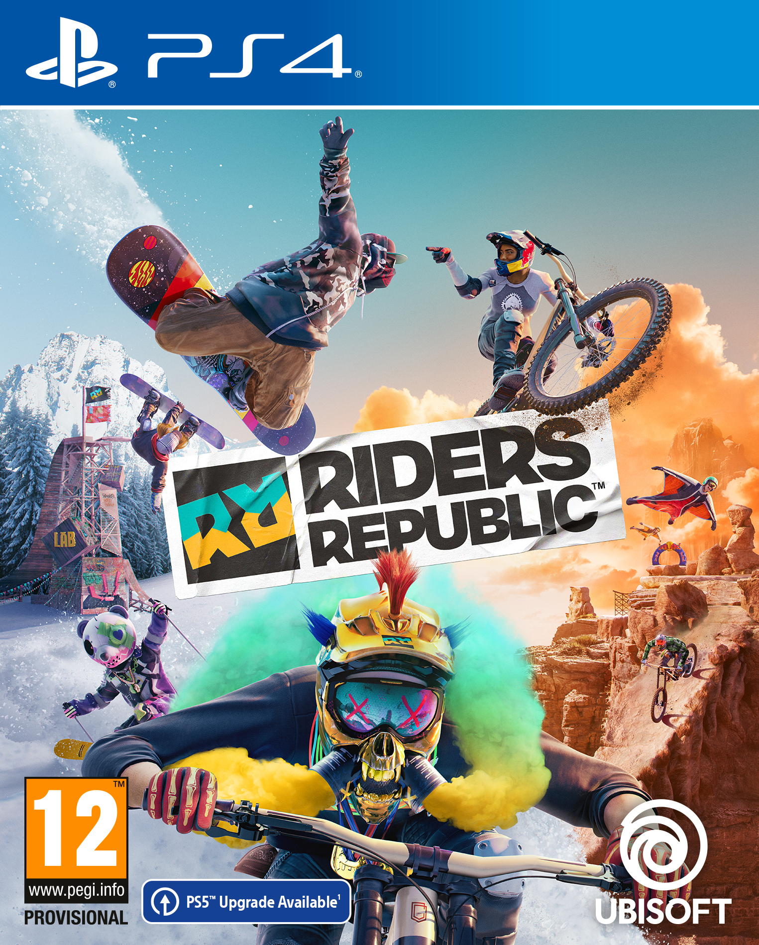 Okładka gry przedstawia zawodników na rowerach, snowboardach i wingsuitach. Tytuł to 'Riders Republic'. Logo PS4 znajduje się na górze.