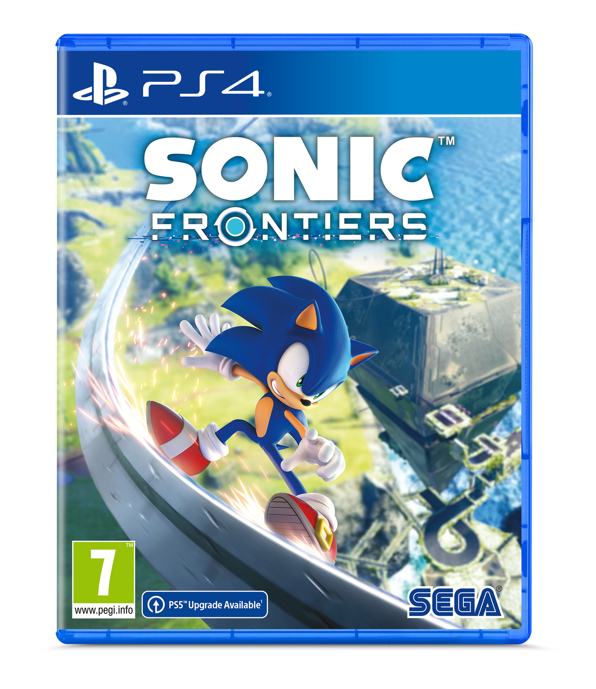 Pudełko gry na PS4 Sonic Frontiers. Sonic biegnie po srebrnej szynie. Niebieskie i białe tło z futurystycznym budynkiem.