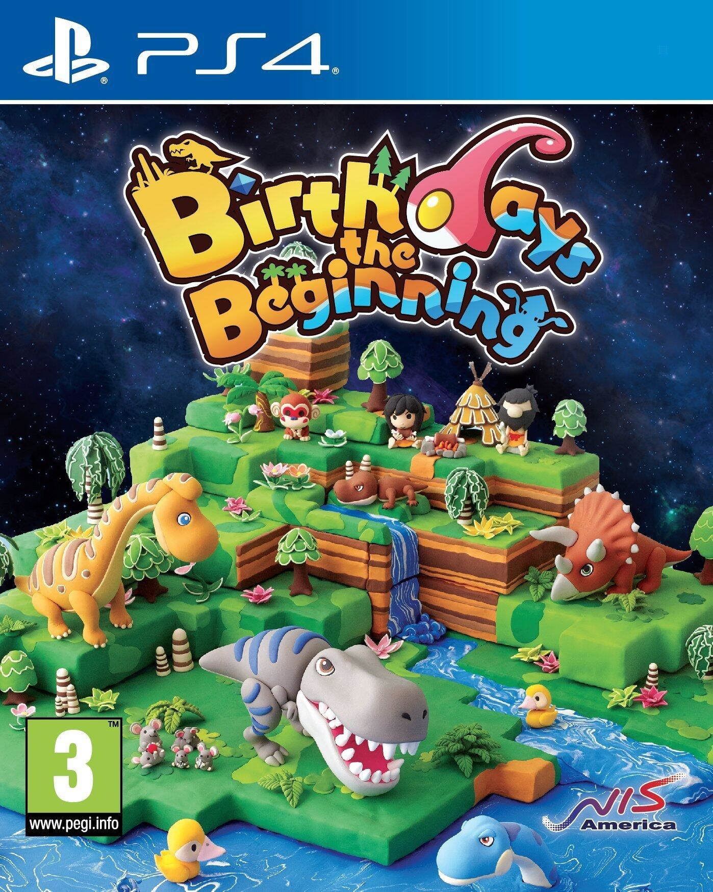 Copertina del gioco. Titolo 'Birthdays the Beginning' con dinosauri e personaggi su un paesaggio a gradoni. Logo PS4 in alto.