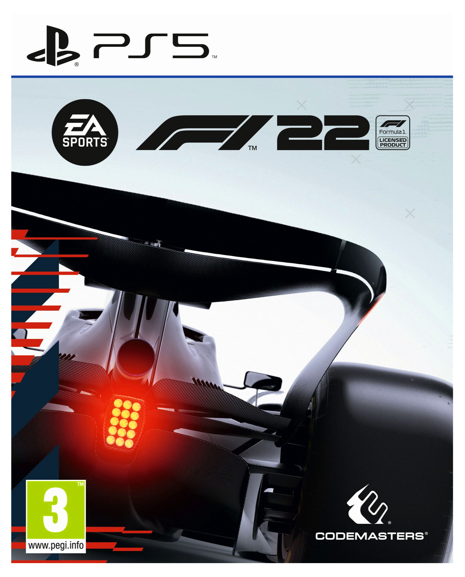 Okładka gry F1 22 na PS5. Widoczny tył bolidu. Obecne logo EA Sports i Codemasters.