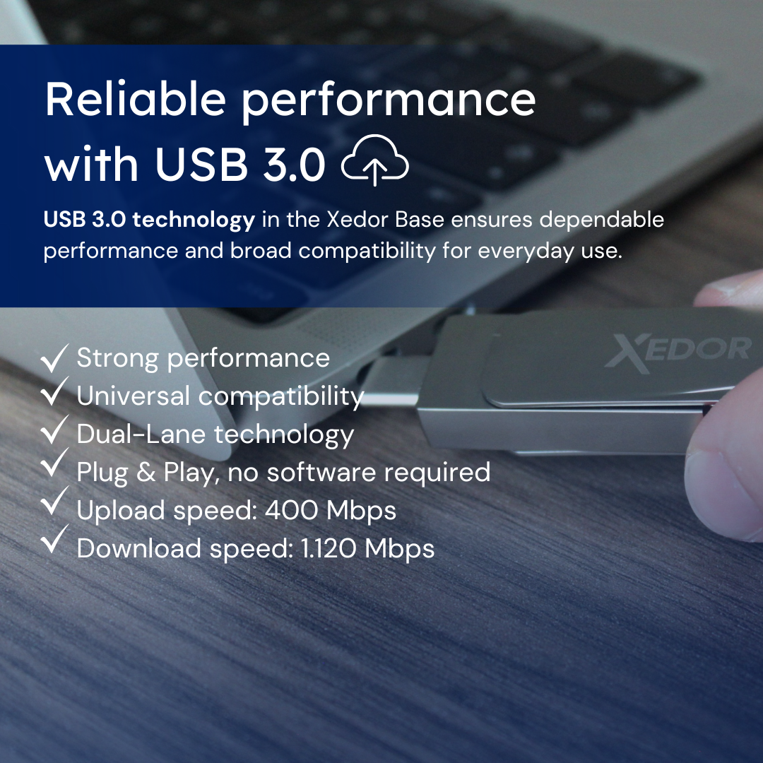 Srebrny pendrive jest podłączony do laptopa. Tekst podkreśla funkcje takie jak wydajność, kompatybilność i prędkość.