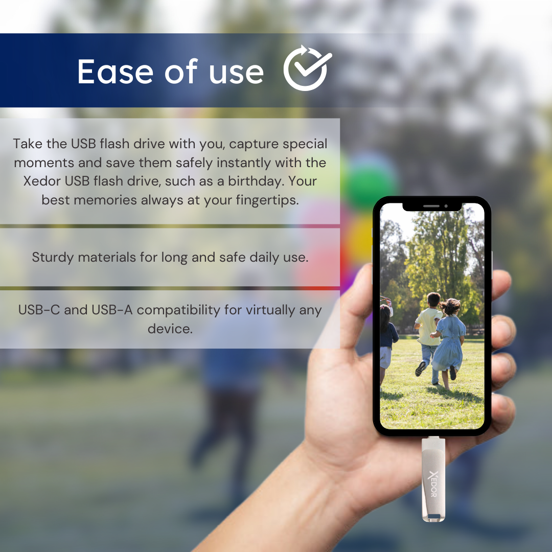 Ręka trzyma telefon z biegającymi dziećmi. Poniżej wpięty pendrive. Tekst podkreśla łatwość użytkowania, wytrzymałe materiały i kompatybilność.