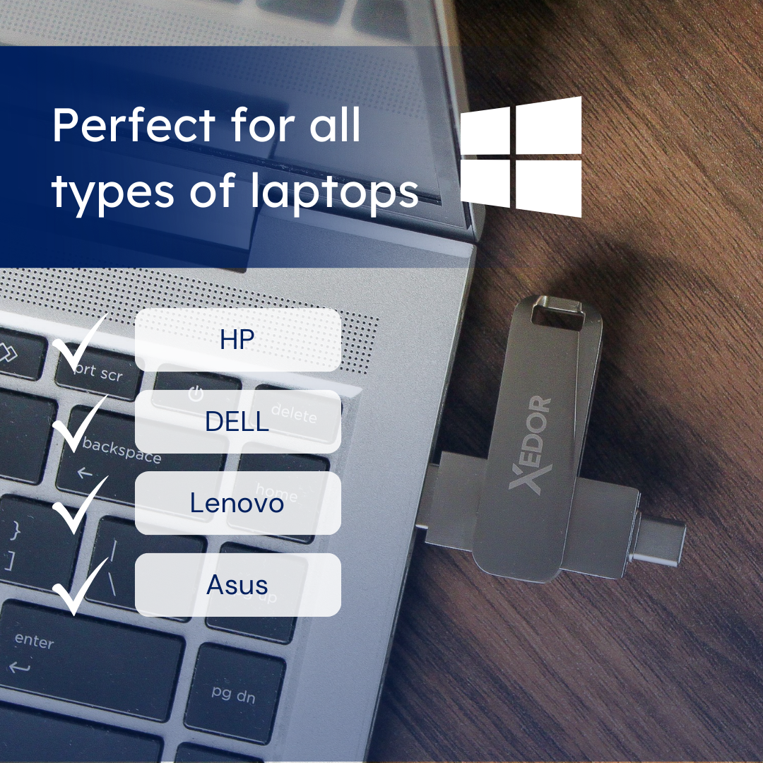 Laptop z dyskiem USB. Tekst mówi idealny dla laptopów. Dysk USB jest podłączony do laptopa, z wymienionymi markami.