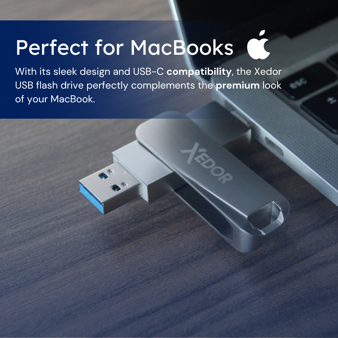 Srebrny pendrive obok laptopa. Napęd jest oznaczony jako 'Xedor'. Powyższy tekst brzmi 'Perfect for MacBooks'.