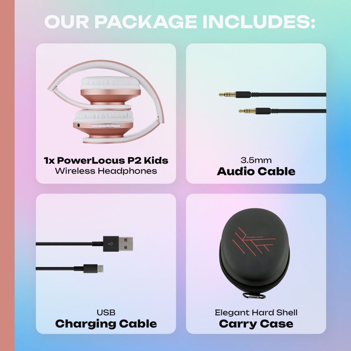 Das Bild zeigt enthaltene Artikel: kabellose Kopfhörer, Audiokabel, USB-Ladekabel und eine Tragetasche.