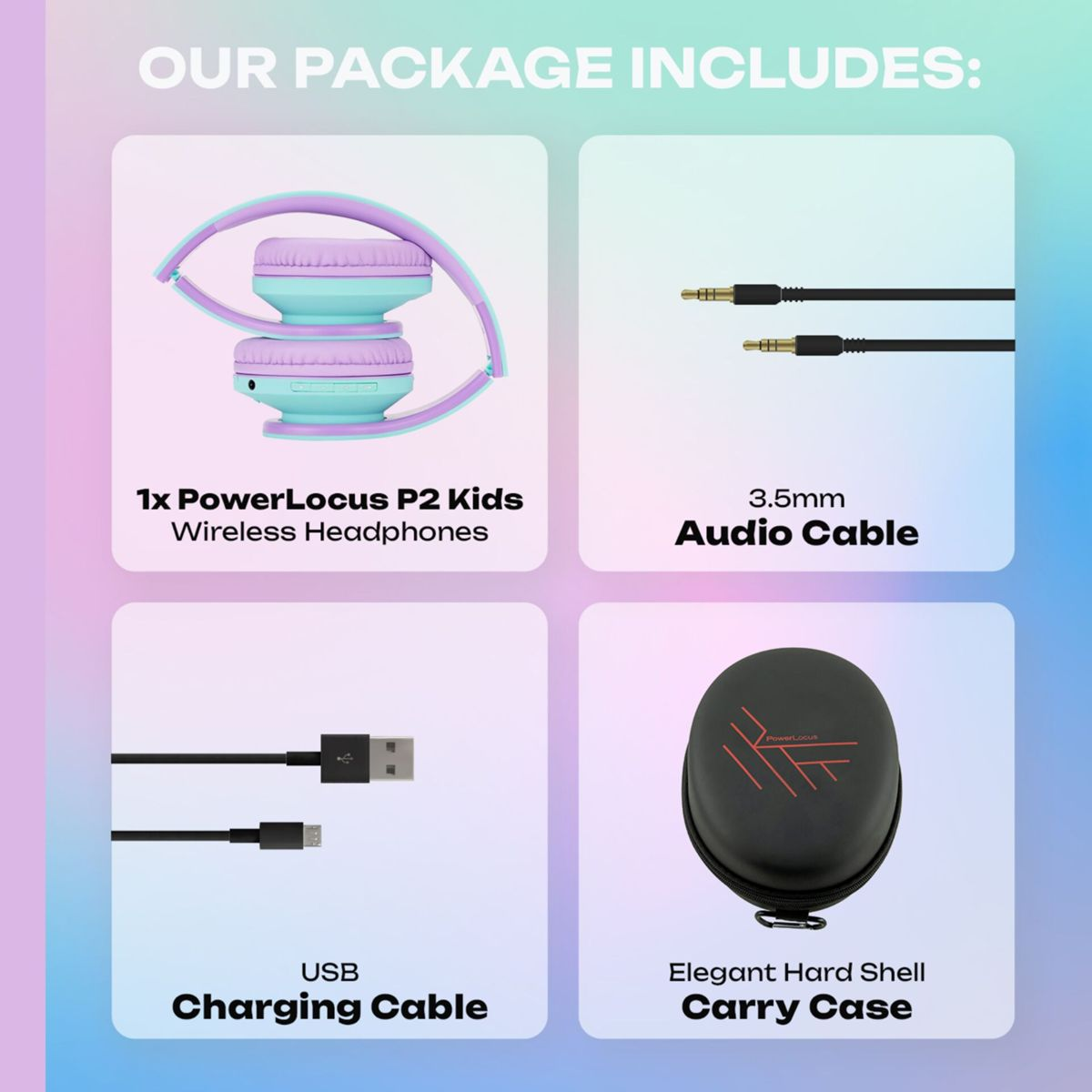 Das Bild zeigt den Lieferumfang: Kopfhörer, Audiokabel, USB-Ladekabel und Tragetasche. Der Text lautet: "Unser Paket beinhaltet:"