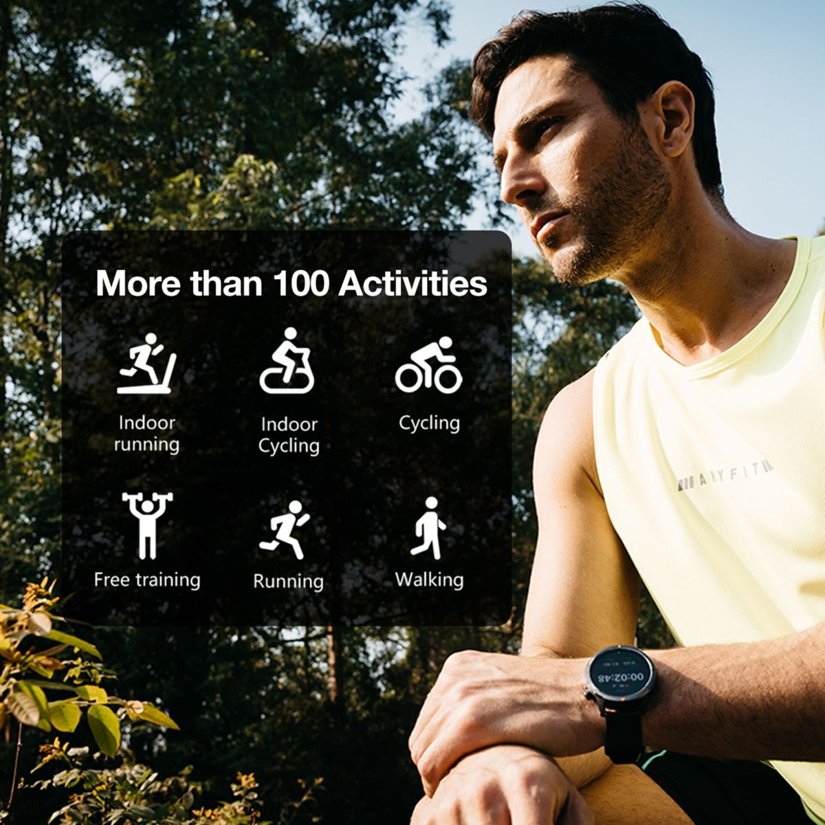 Un uomo con un fitness tracker guarda altrove. Uno schermo mostra icone di attività. Sono disponibili più di 100 attività.