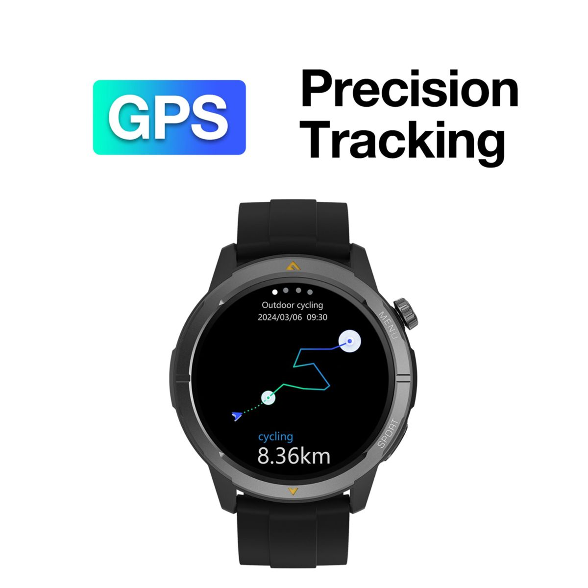 Uno smartwatch mostra i dati di ciclismo, tra cui una mappa del percorso, la distanza e il tempo. L'orologio è nero con lunetta grigia.