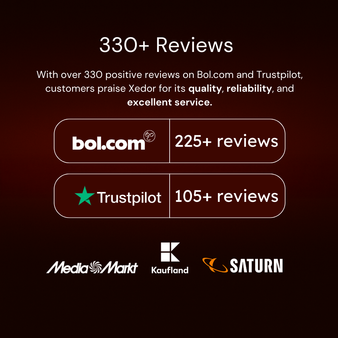 Afbeelding met tekst: 330+ beoordelingen. Vermeldt beoordelingen van Bol.com en Trustpilot. Logo's van Media Markt, Kaufland en Saturn aanwezig.