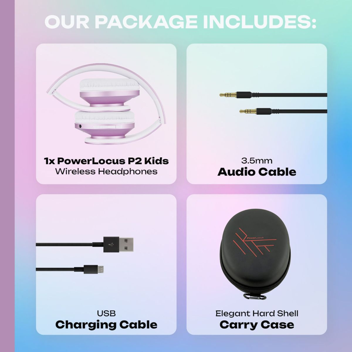 Das Bild zeigt PowerLocus P2 Kids Kopfhörer, Audiokabel, USB-Ladekabel und eine Tragetasche. Alle Artikel sind im Paket enthalten.