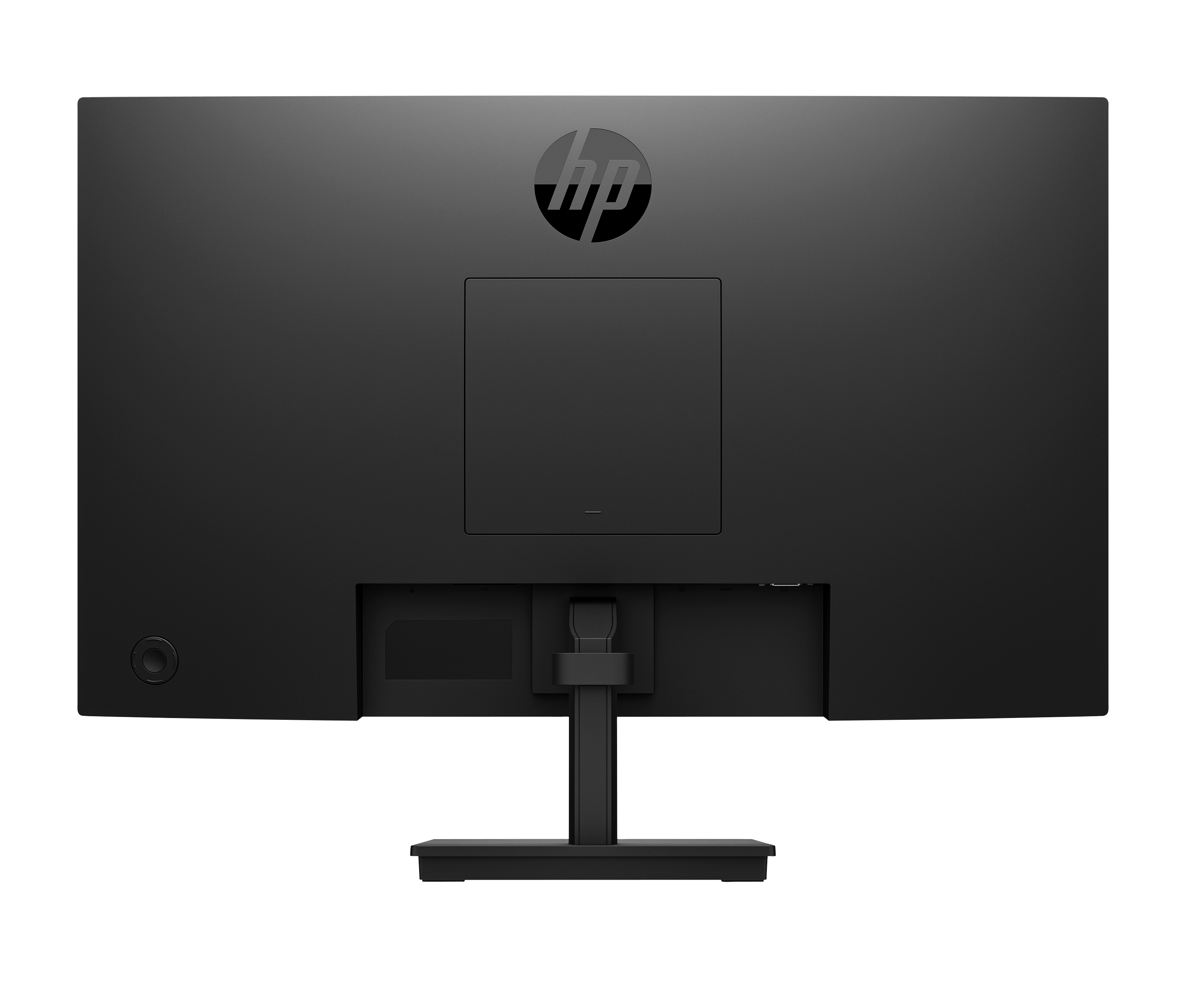 Vista posteriore di un monitor HP nero. Ha un supporto e il logo HP.