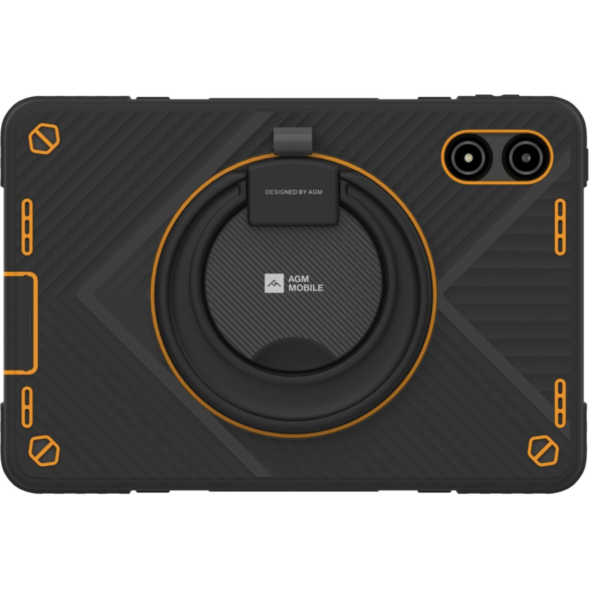 Schwarze Tablet-Hülle mit orangefarbenen Akzenten, einem Ringhalter und dem Logo 'AGM MOBILE'. Verfügt über eine Dual-Kamera und Designdetails.