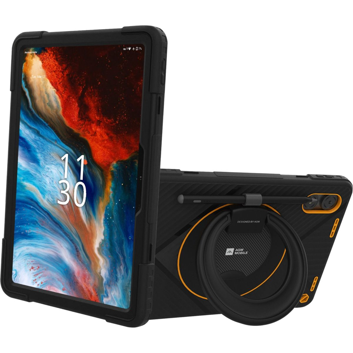 Schwarzes Tablet mit schwarzer und orangefarbener Schutzhülle. Der Bildschirm zeigt ein farbenfrohes Bild und die Uhrzeit. Ein Ringhalter ist sichtbar.