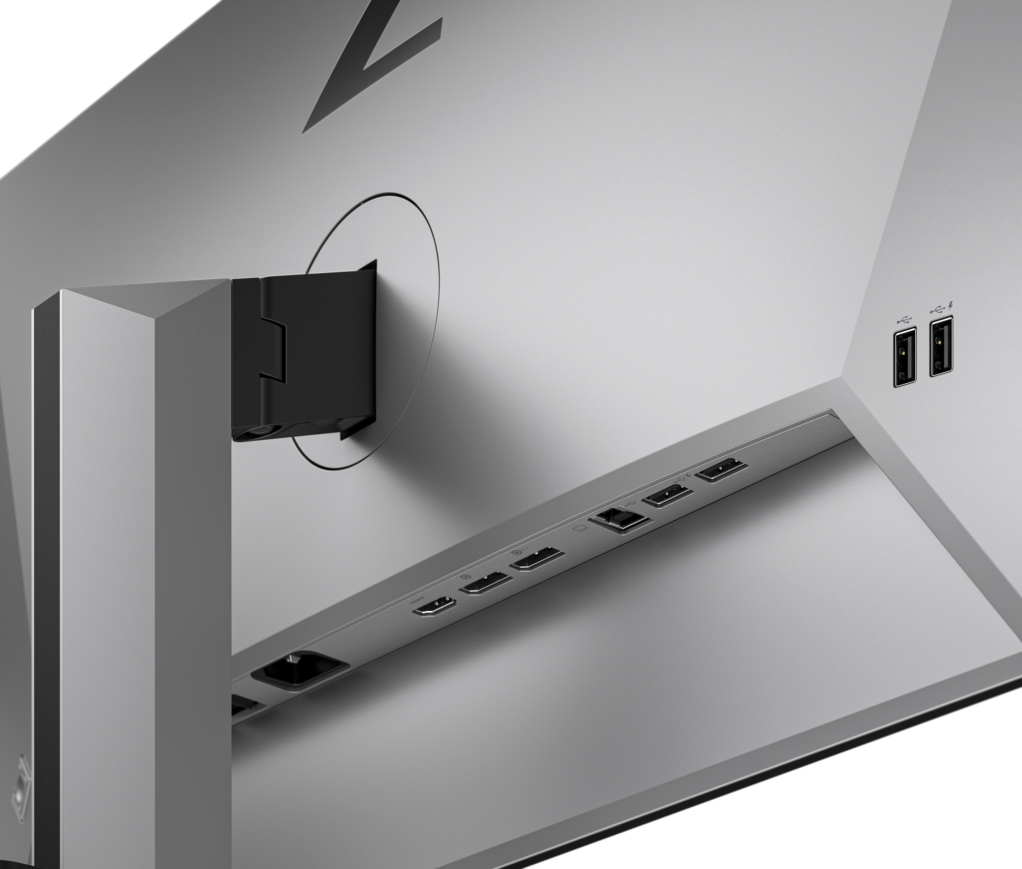 Parte trasera de un monitor de ordenador plateado con puertos, un brazo de montaje y un logotipo V.