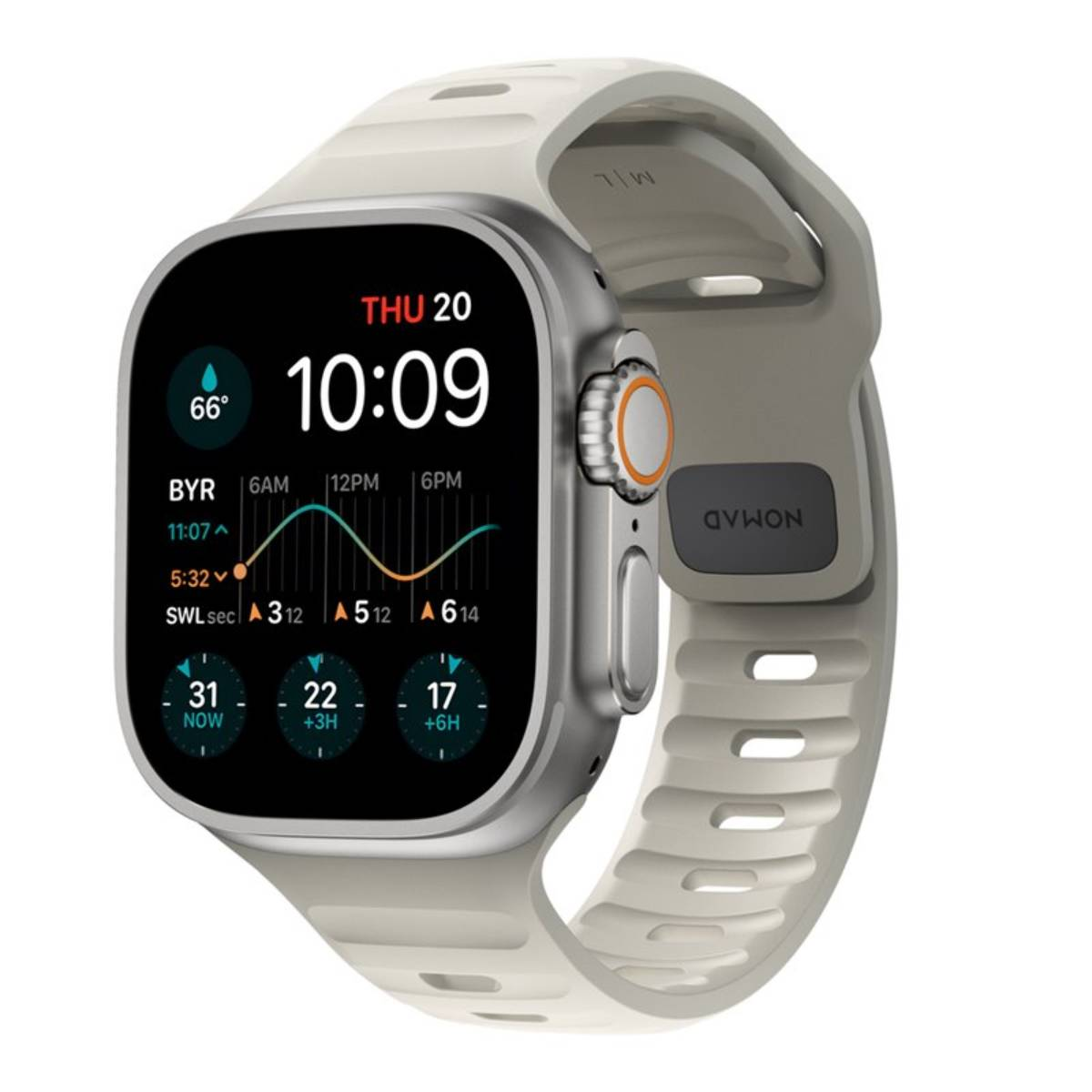 Uno smartwatch con cinturino grigio mostra l'ora e il meteo. Lo schermo mostra la data e l'ora, con un grafico e diverse letture numeriche.
