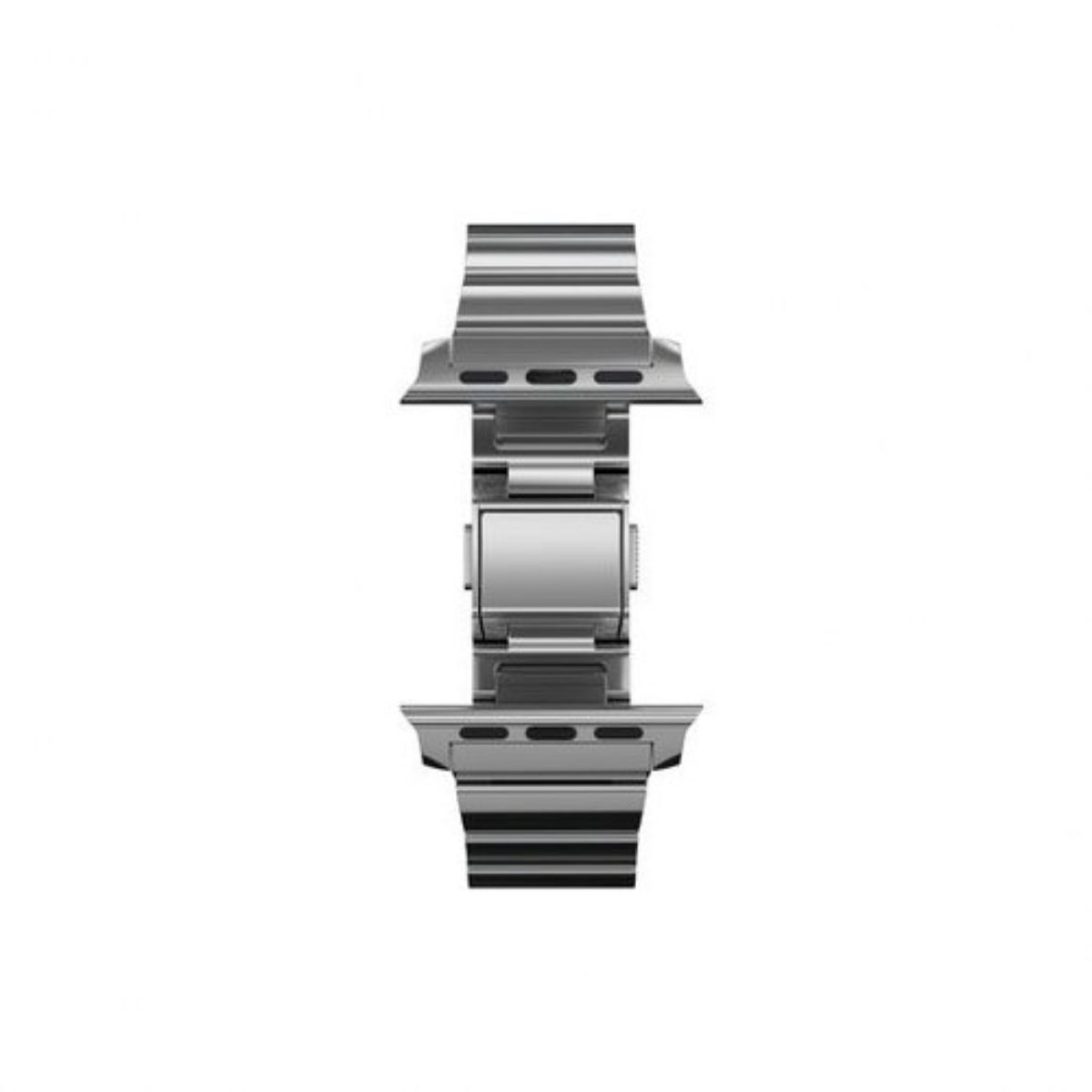 Una correa de reloj de metal plateado centrada sobre un fondo blanco. Cuenta con un cierre y una serie de segmentos unidos.