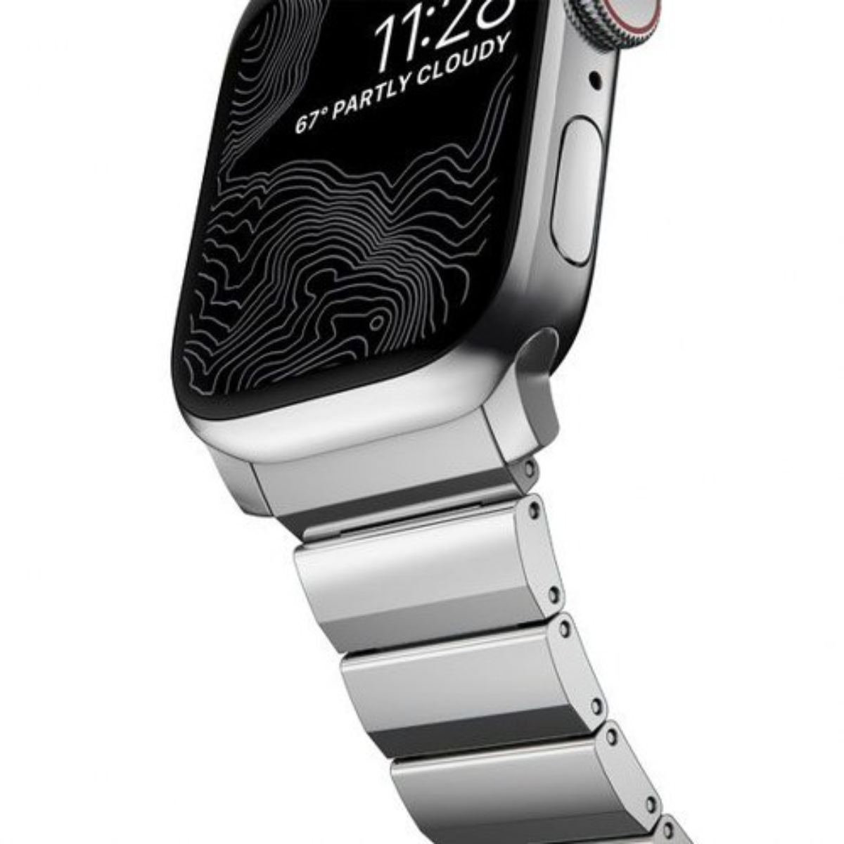 Primer plano de un Apple Watch plateado con pantalla negra que muestra la hora y el clima. La correa también es plateada.