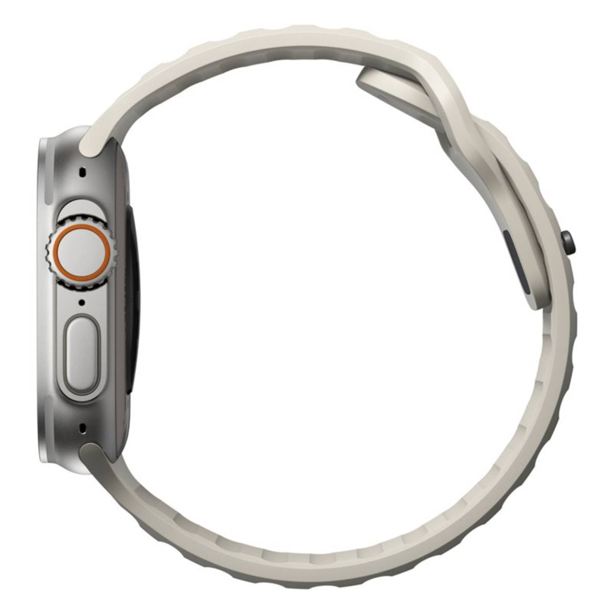 Vista laterale di uno smartwatch argentato con cinturino beige chiaro. L'orologio ha un quadrante arancione e uno schermo nero.