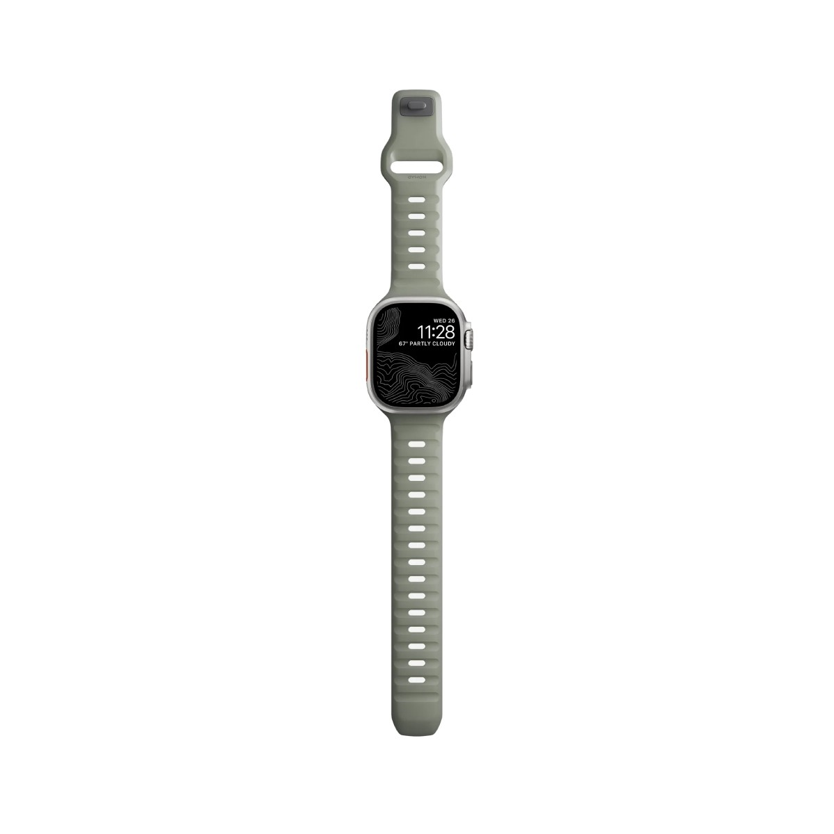 Un Apple Watch grigio con un quadrante con mappa topografica, che mostra l'ora, la data e il meteo. Anche il cinturino è grigio.
