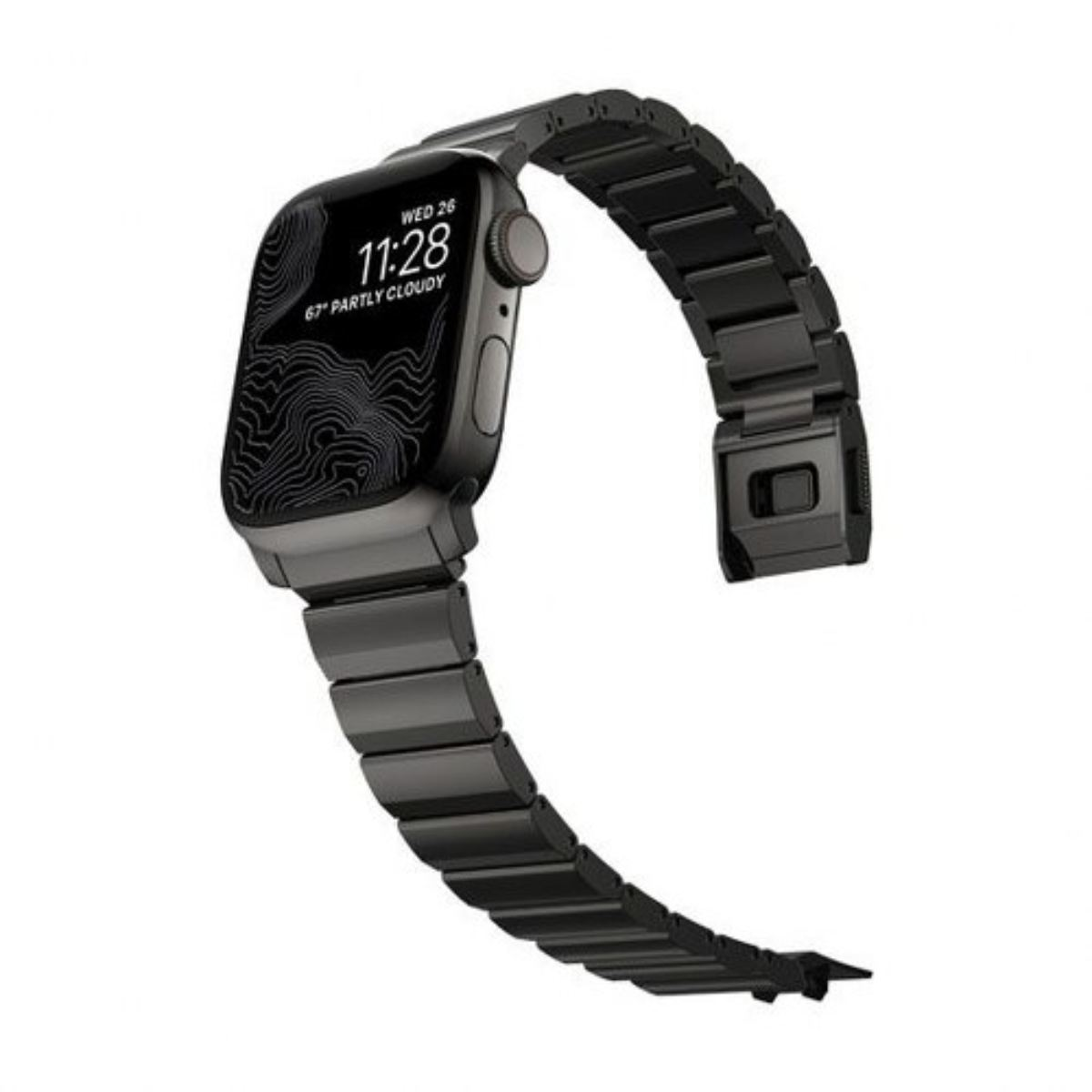 Un Apple Watch negro con una correa de metal. La pantalla muestra la hora, la fecha y el clima. La correa está curvada.