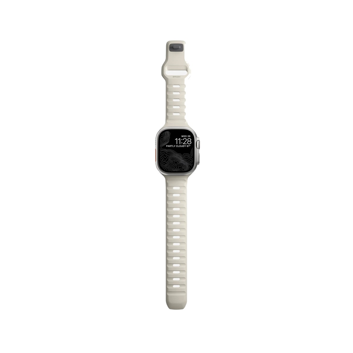 Uno smartwatch bianco con cinturino beige chiaro è in mostra. Il quadrante mostra l'ora e il meteo. Lo sfondo è bianco.