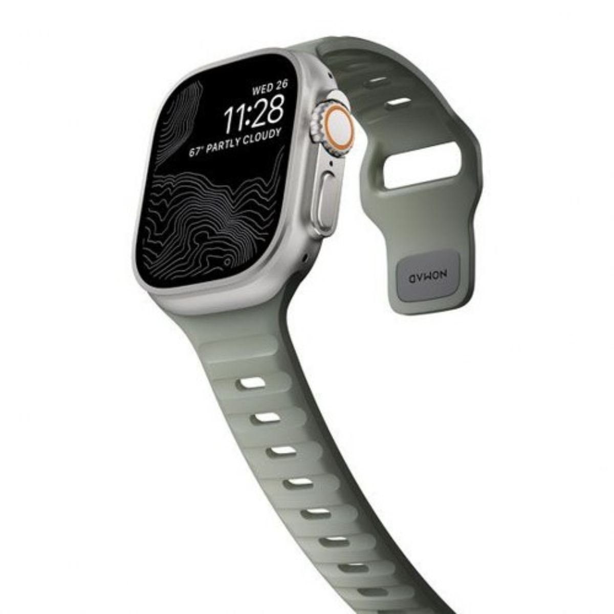Un Apple Watch Ultra con cinturino grigio. Lo schermo mostra l'ora, il meteo e una mappa topografica.