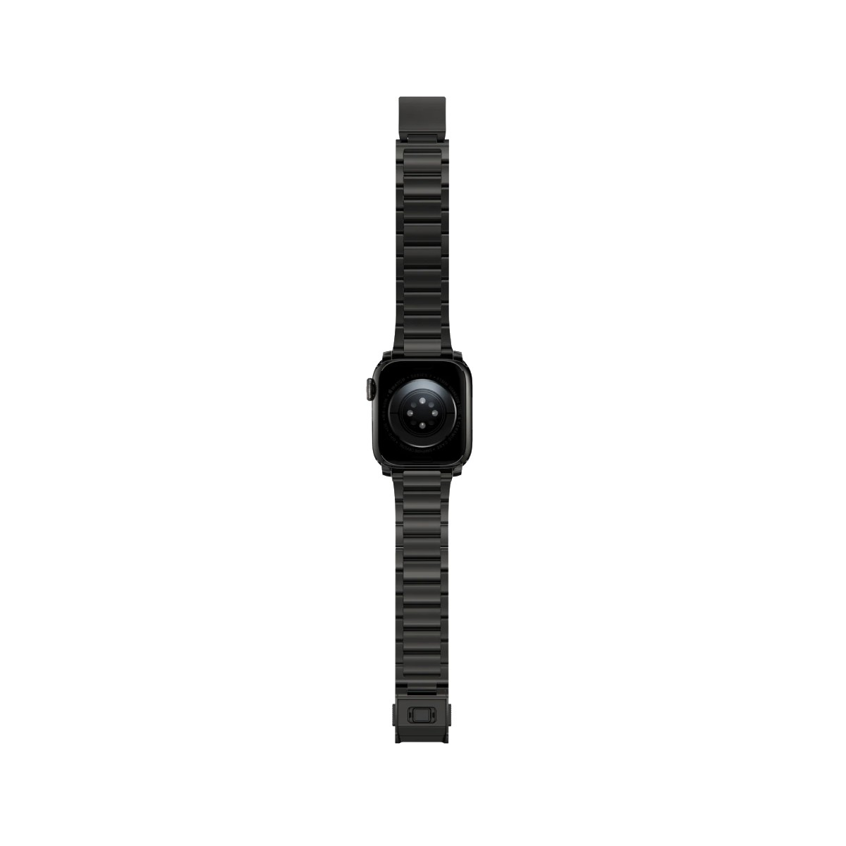 Un Apple Watch negro con una correa de metal, sobre un fondo blanco. La esfera del reloj es visible, mostrando los sensores.