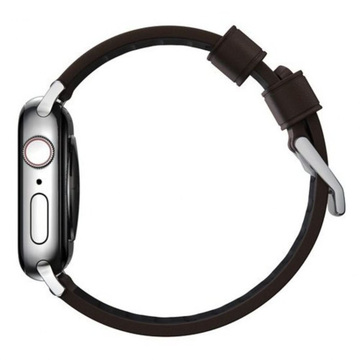 Vista lateral de un reloj inteligente plateado con una correa de cuero marrón. La correa está conectada con cierres plateados.
