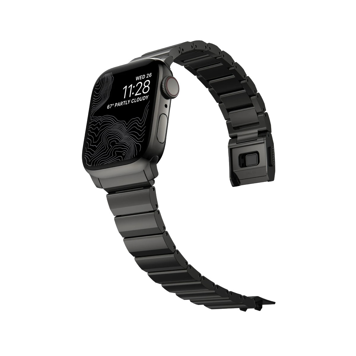 Un Apple Watch negro con una correa de metal. El reloj muestra la hora, fecha y clima en una pantalla negra.