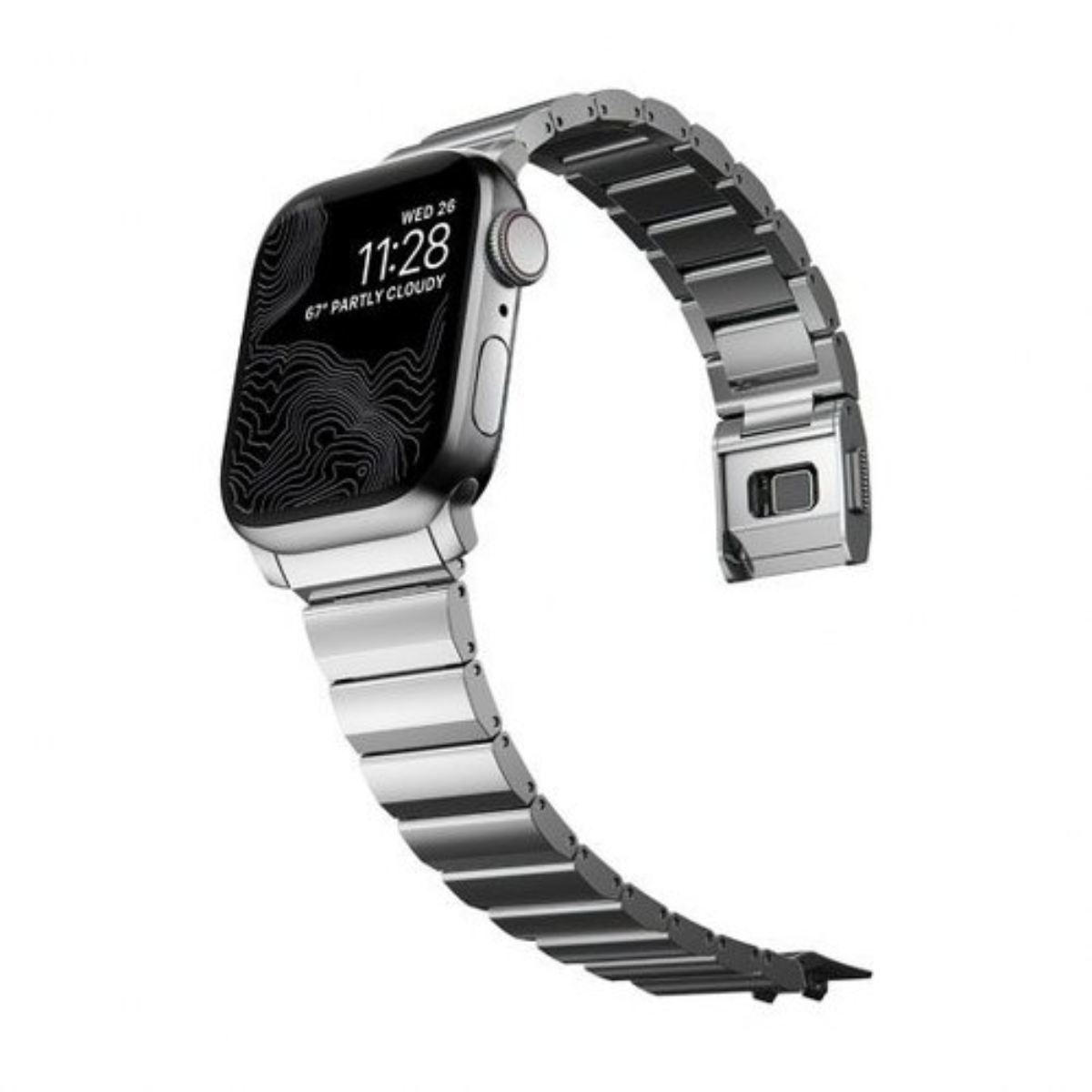 Un reloj inteligente plateado con una correa de metal. La pantalla muestra la fecha, la hora y el clima. El reloj está sobre un fondo blanco.