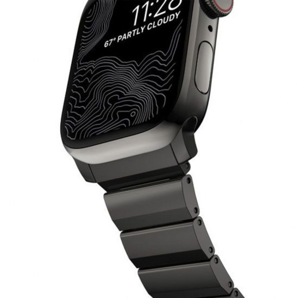 Un Apple Watch negro, mostrando la hora y el clima. La correa es negra. La pantalla muestra un mapa topográfico.