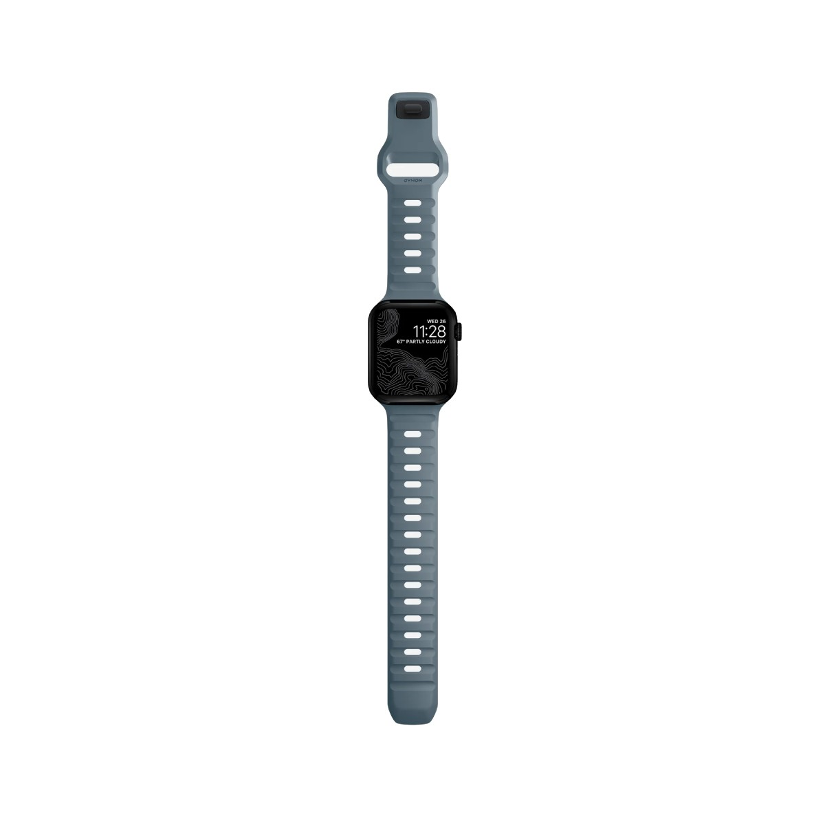 Un reloj inteligente azul con pantalla negra que muestra la hora y un diseño de mapa topográfico. La correa tiene agujeros.