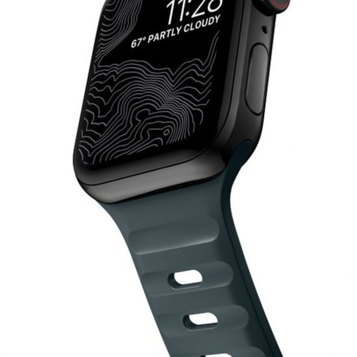 Primer plano de un Apple Watch negro con una correa verde azulado, mostrando la hora y el clima en la pantalla.
