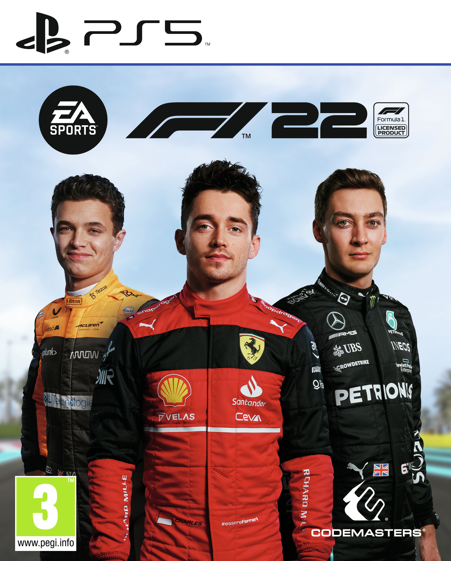 Copertina del gioco F1 22. Presenta tre piloti di F1. Loghi di EA Sports, PS5 e Codemasters visibili. Classificazione PEGI 3.