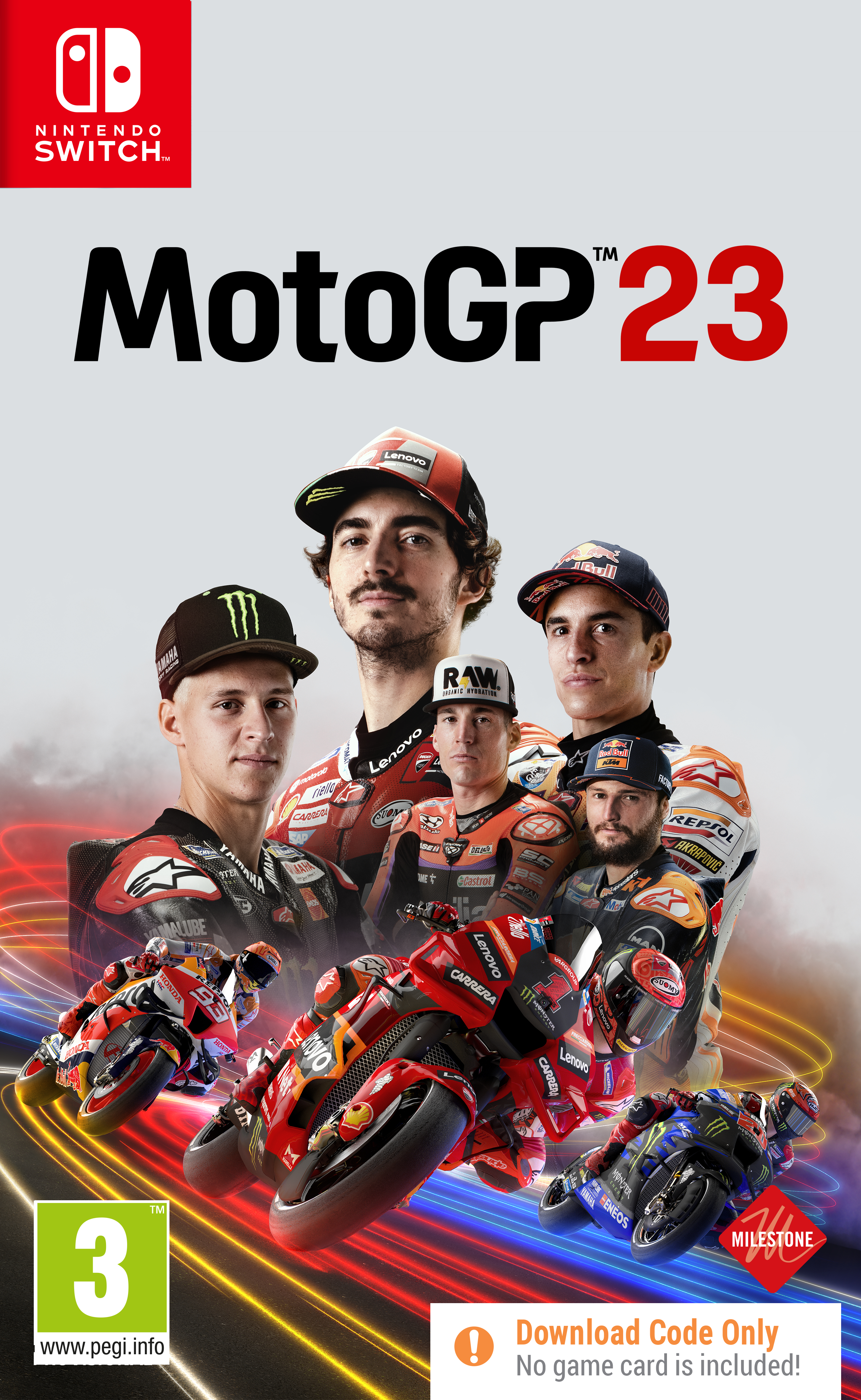 Okładka gry MotoGP 23. Przedstawia zawodników, motocykle i logo Nintendo Switch.