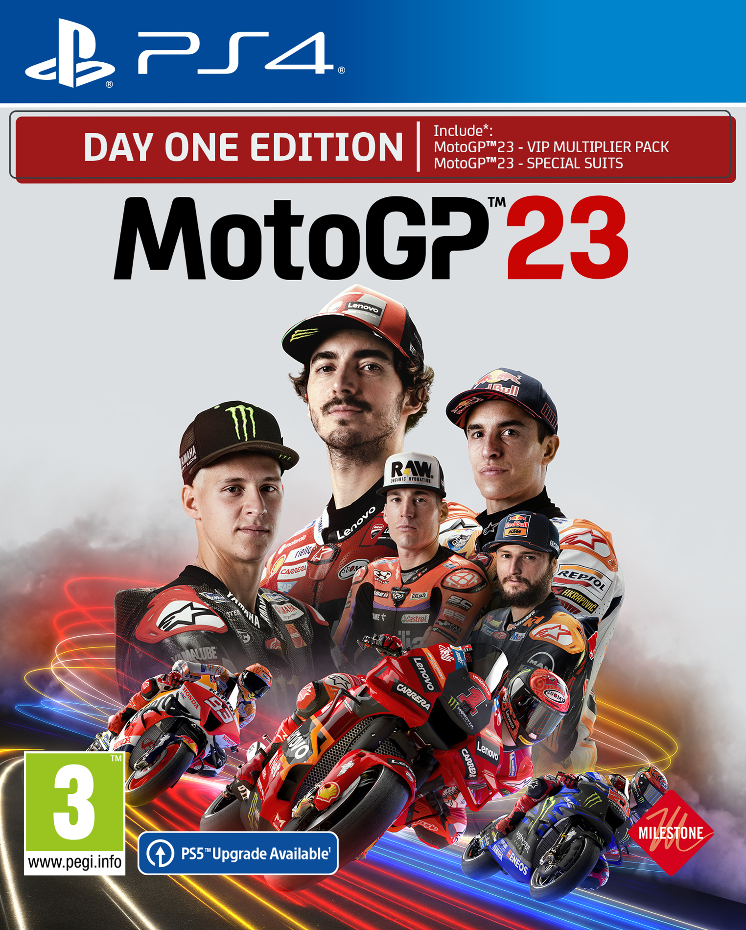 Okładka gry MotoGP 23. Przedstawia zawodników, motocykle i logotypy marek takich jak Lenovo i Monster. Logo PS4 u góry.