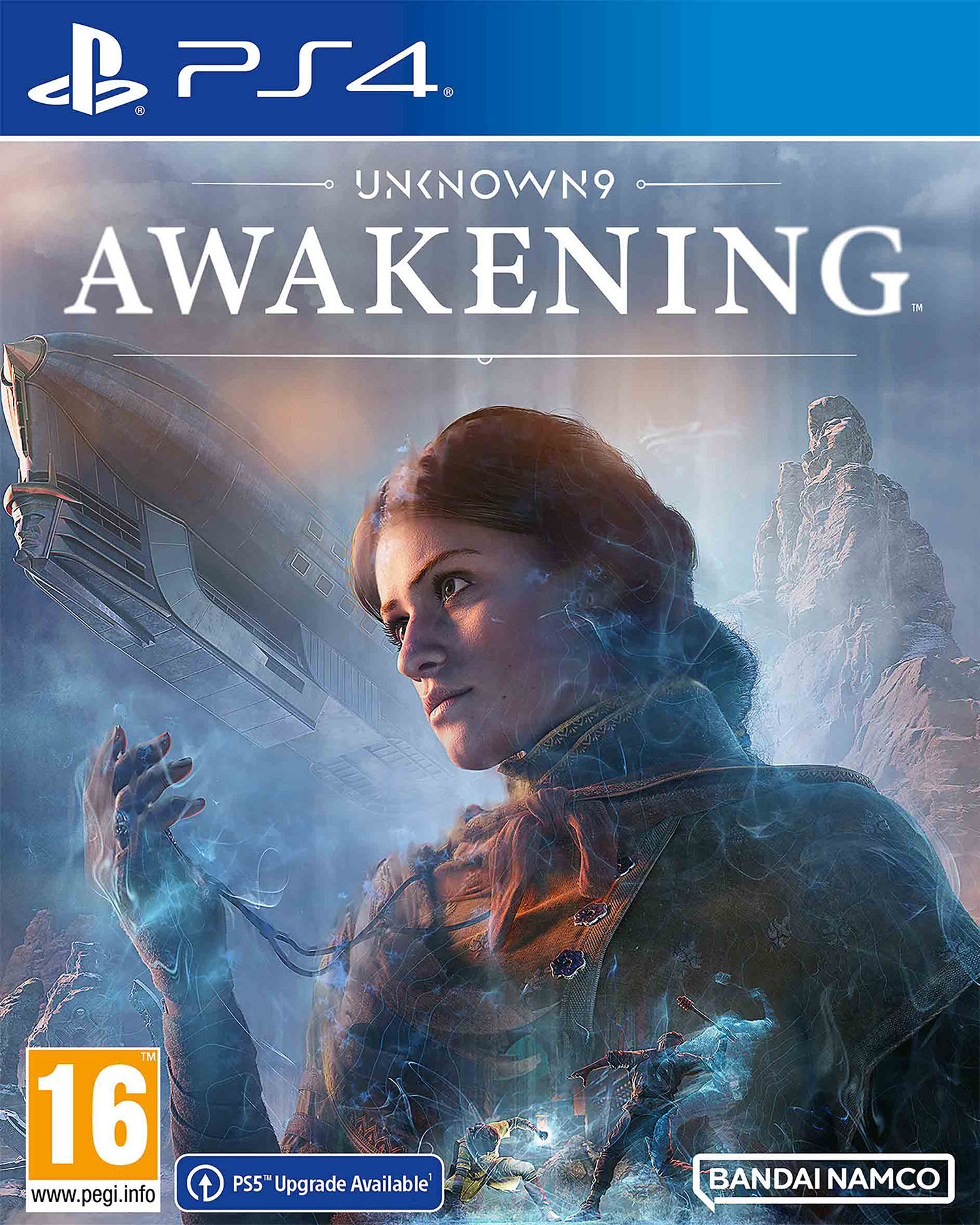 Unknown9: Awakening oyununun kapak resmi. Dalgalı saçları ve mavi enerjisi olan bir kadın. Arka planda bir zeplin ve kayalık bir manzara.