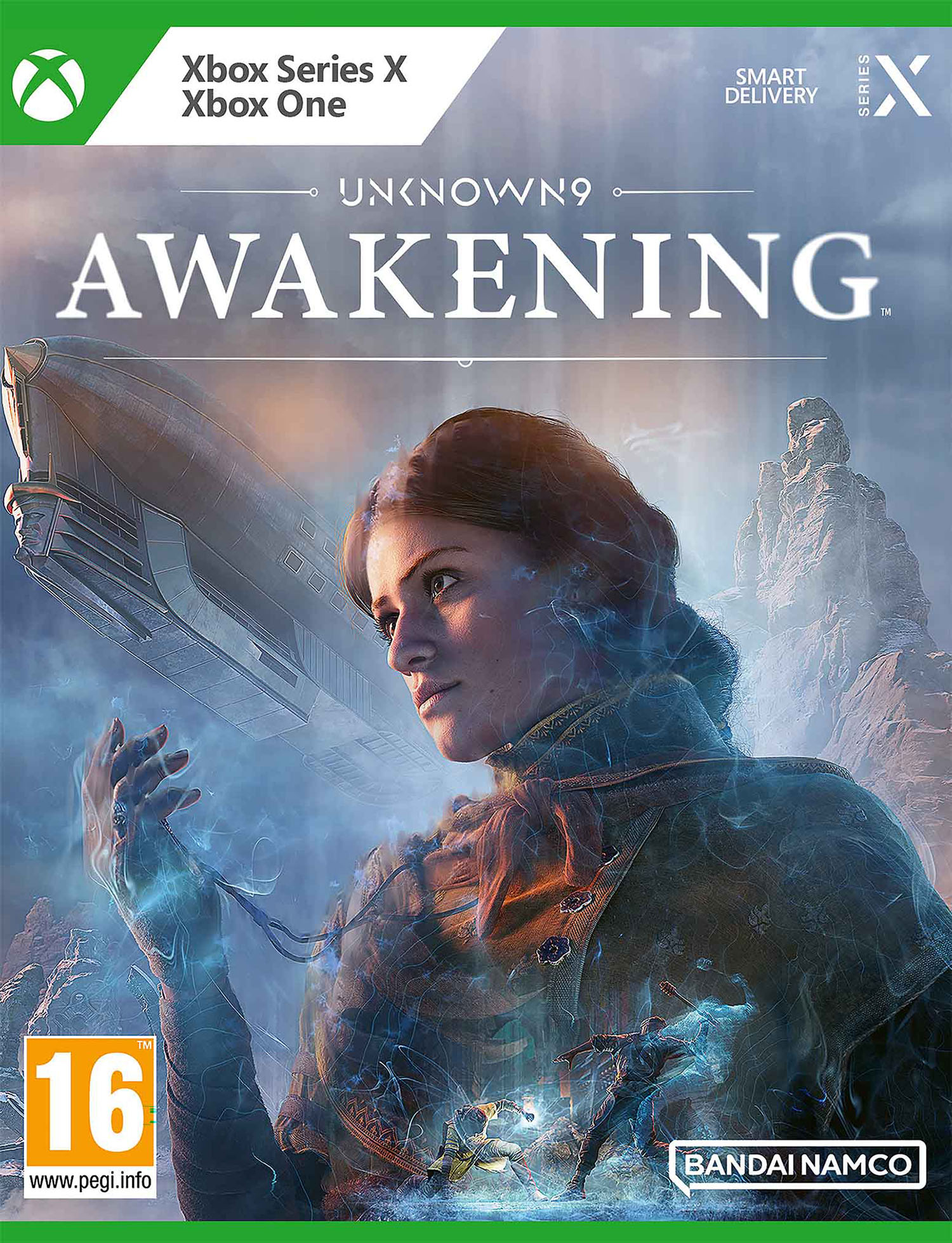 Copertina del gioco Unknown9: Awakening. Una donna con energia luminosa, un dirigibile e una montagna sullo sfondo.