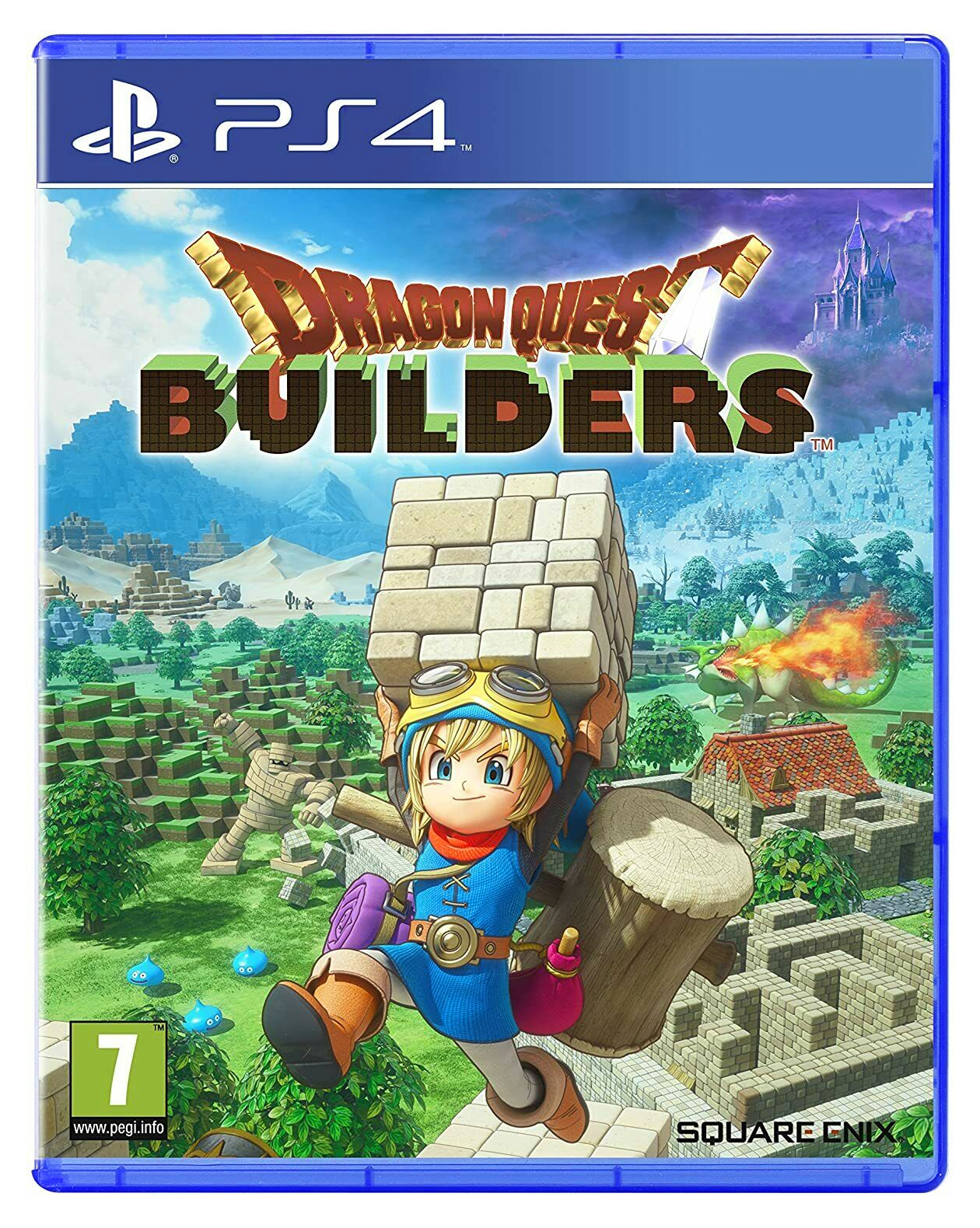 Okładka gry Dragon Quest Builders. Postać niesie bloki. Smok zionie ogniem. Zielony krajobraz z zamkiem w tle.