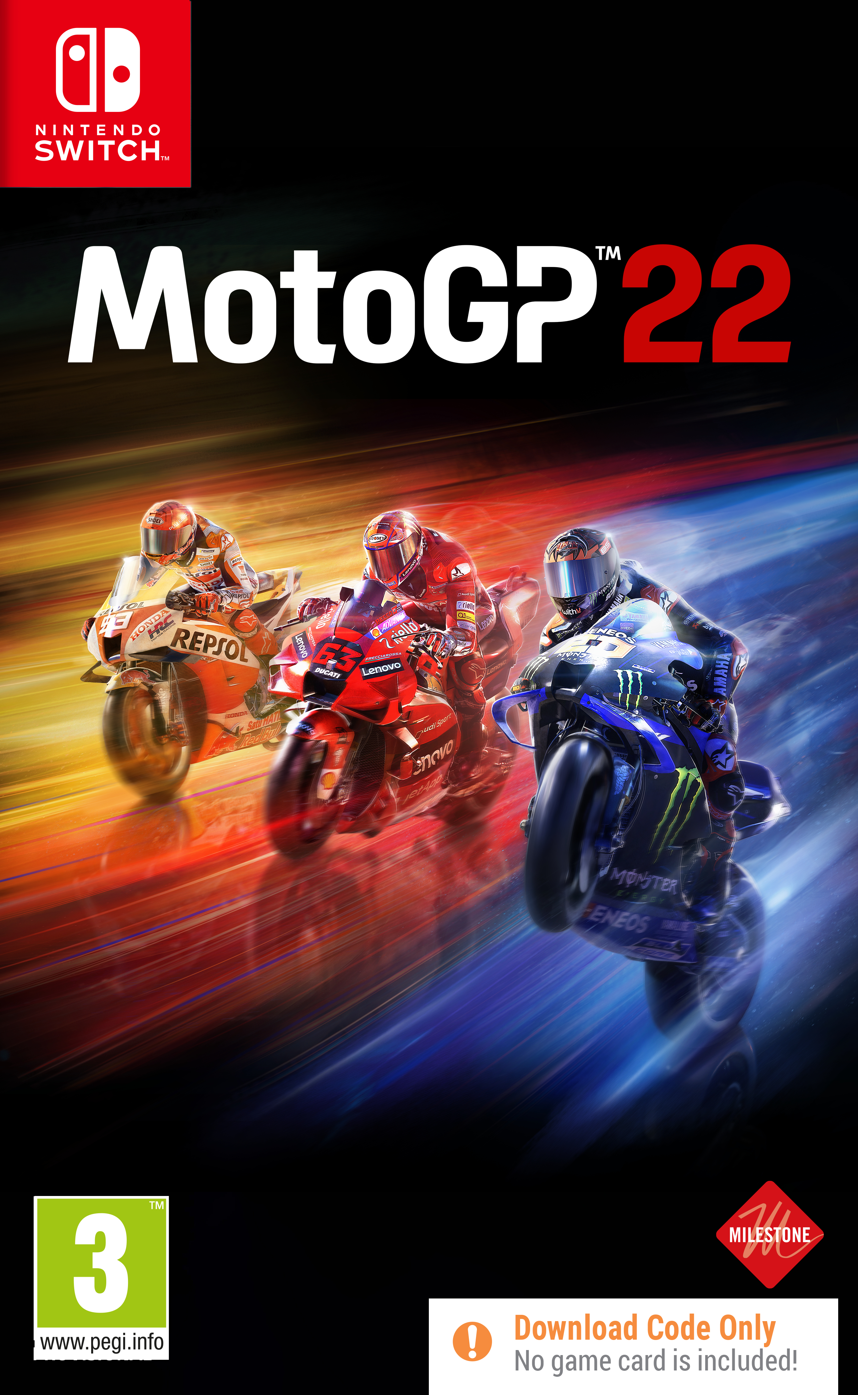 Copertina del gioco MotoGP 22. Tre moto da corsa. Loghi: Nintendo Switch, MotoGP, PEGI 3, Milestone, Solo codice download.