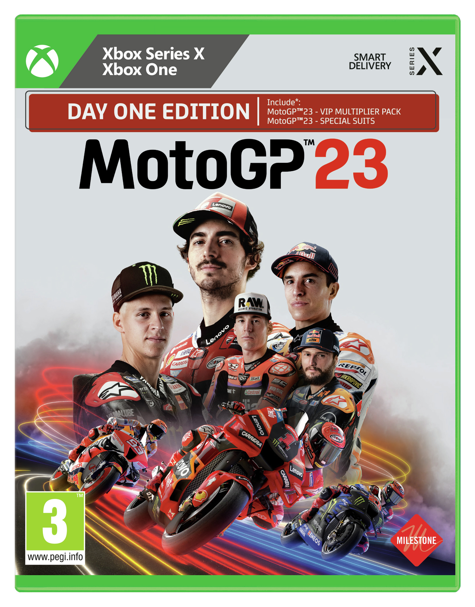 Copertina del gioco MotoGP 23. Presenta piloti e moto. Include i dettagli della Day One Edition e il marchio Xbox Series X/One.
