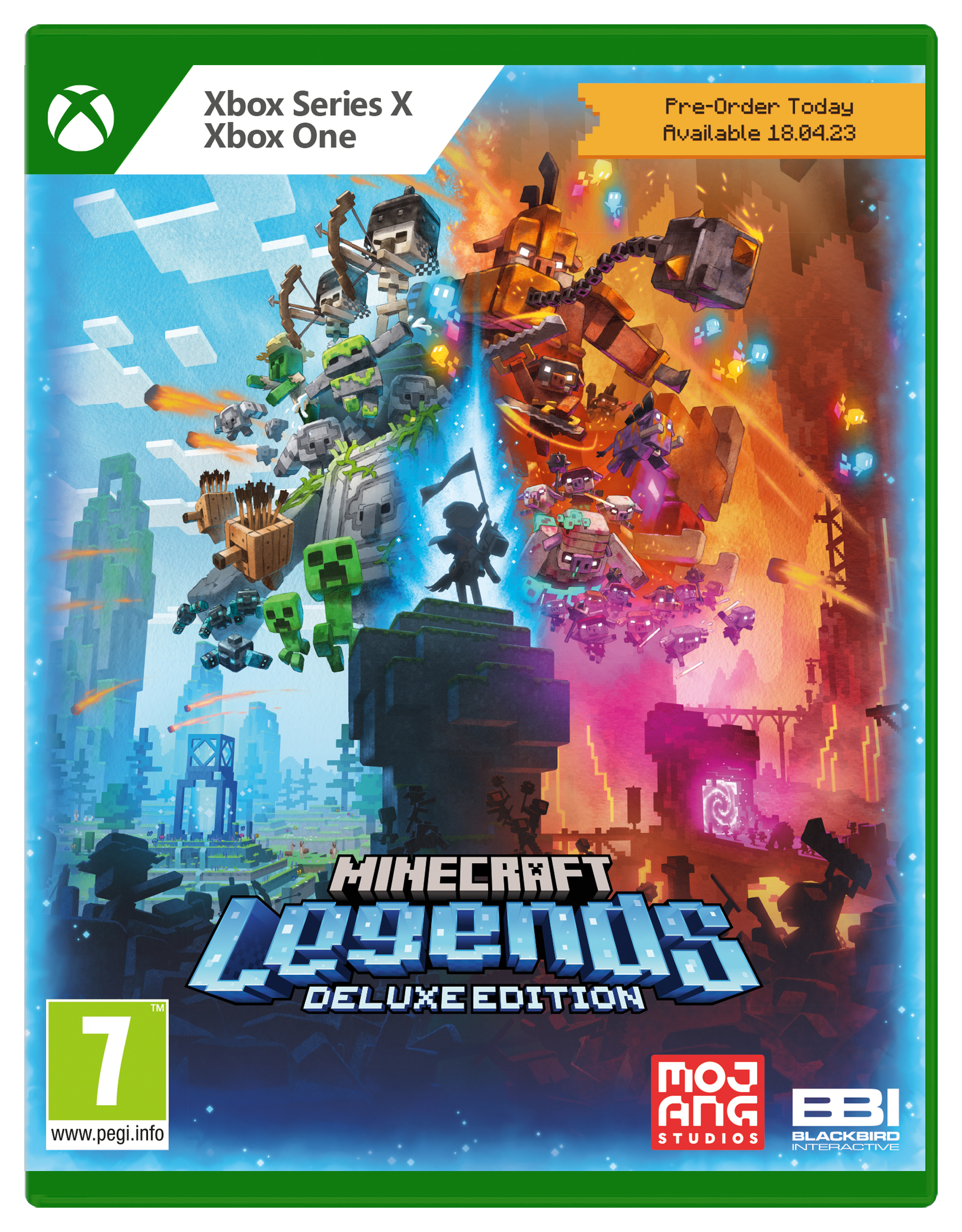 Artwork della confezione di gioco di Minecraft Legends Deluxe Edition. Personaggi e scene del gioco, con il titolo.
