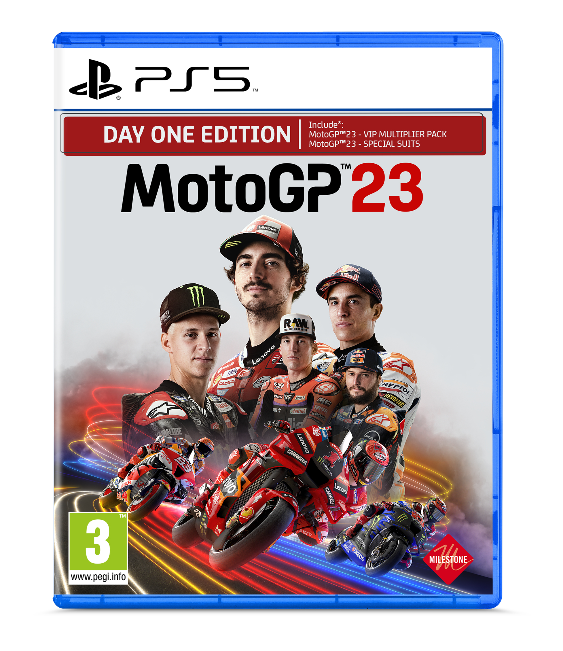 Pudełko z grą MotoGP 23. Zawiera zawodników, motocykle i logo. Zawiera tekst 'Day One Edition' i ocenę PEGI 3.