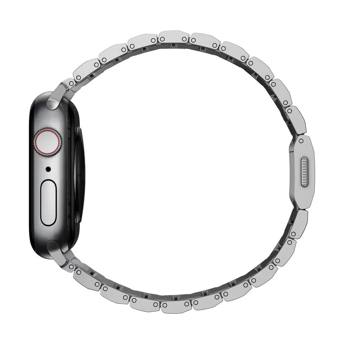 Un Apple Watch argento con cinturino in metallo, vista laterale. Il quadrante mostra un pulsante rosso e uno schermo nero, su sfondo bianco.